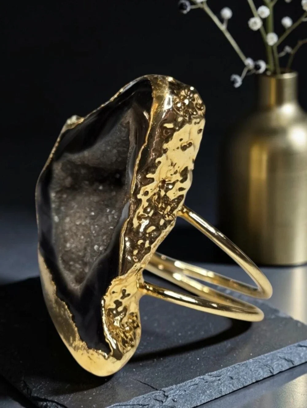 Incredible 18k Gold Plated Onyx Sugar Geode Druzy Agate Statement Ring